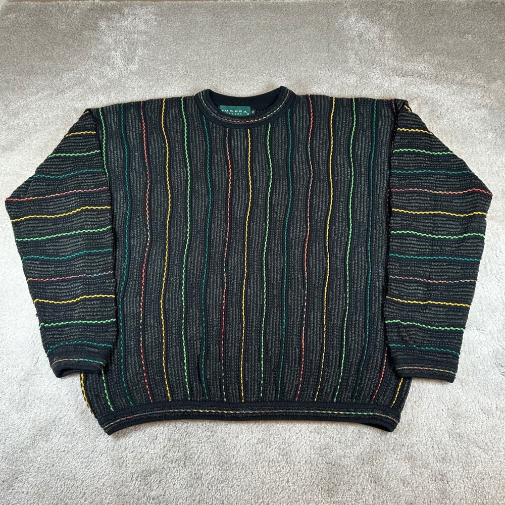 Vintage Tundra Knit Sweater Mens XL Black Multi Color 3D Textured Striped Canada